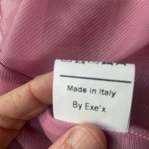 May include: A pink sheer mesh garment featuring a white rectangular fabric label. The label displays black text that reads Made in Italy and By Exe'x, positioned above a series of small black laundry care symbols printed on the white tag.