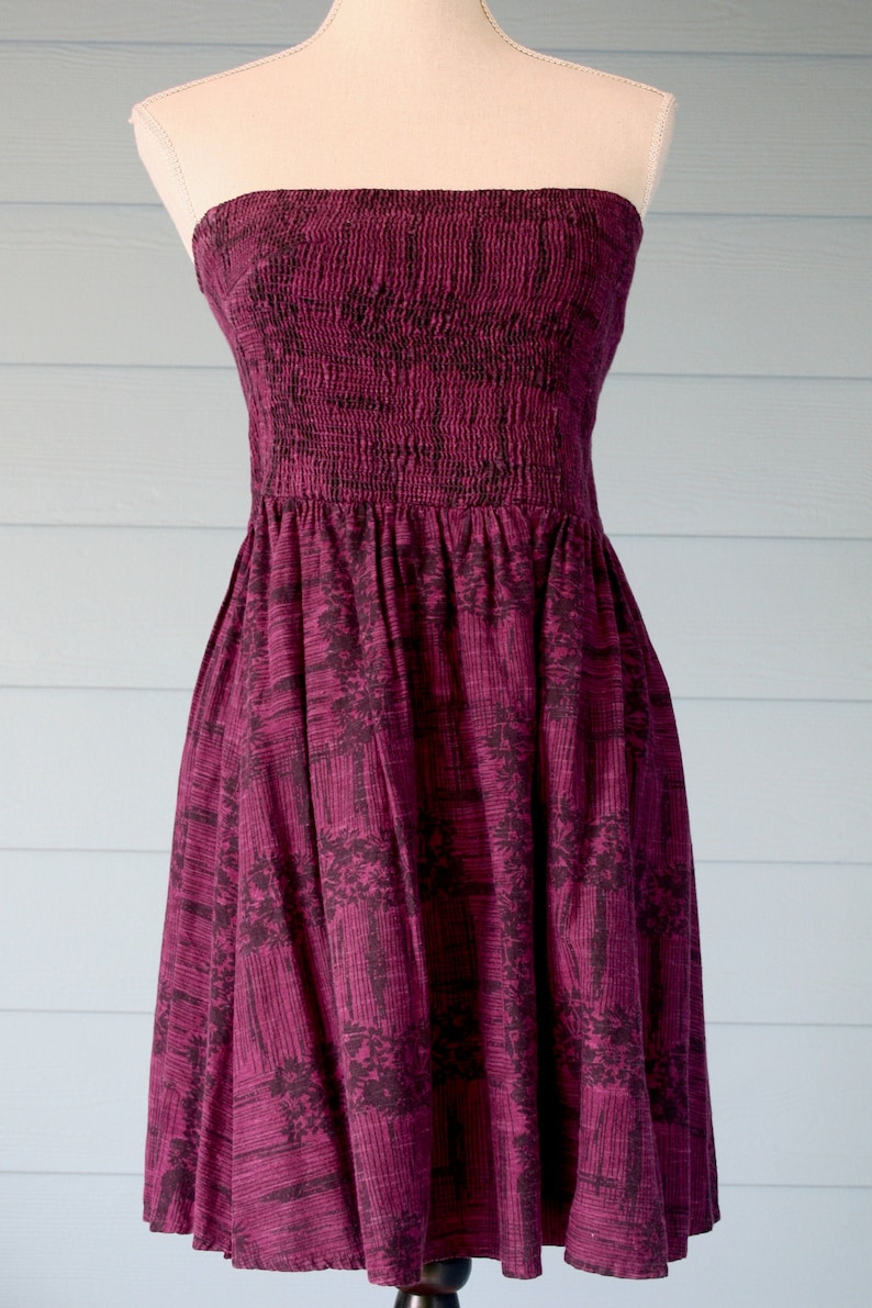 Purple and black vintage cotton shirred bodice strapless sun dress.