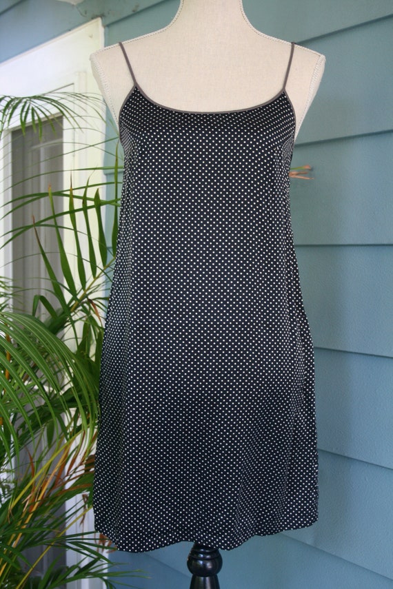 Black with tiny gray polka dot silk slip dress.