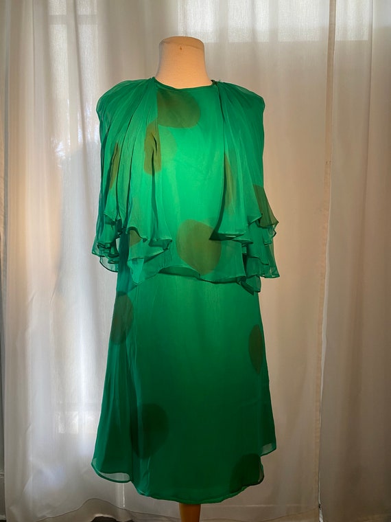 1960's Handmade Green Polka Dot Silk Bat Wing Dre… - image 1