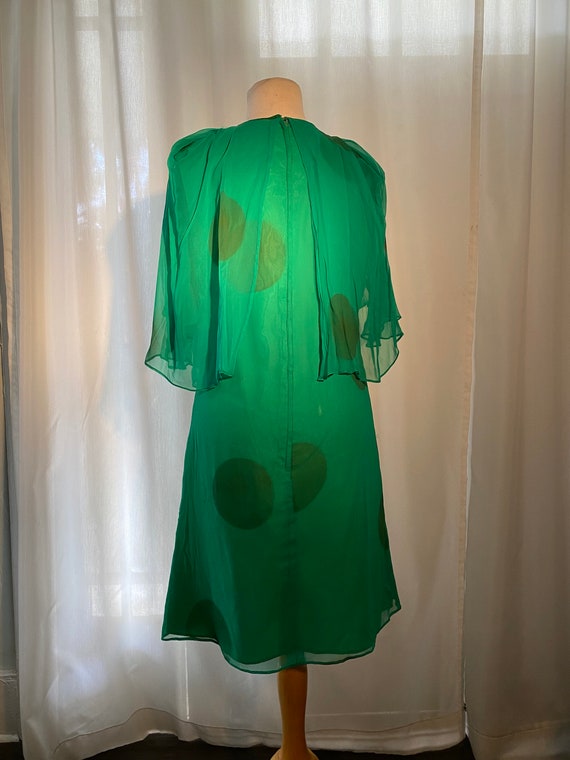1960's Handmade Green Polka Dot Silk Bat Wing Dre… - image 3
