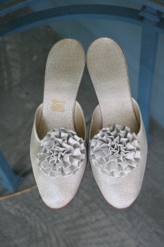 Silver Gucci style 1960's mules with pom pom deta… - image 1