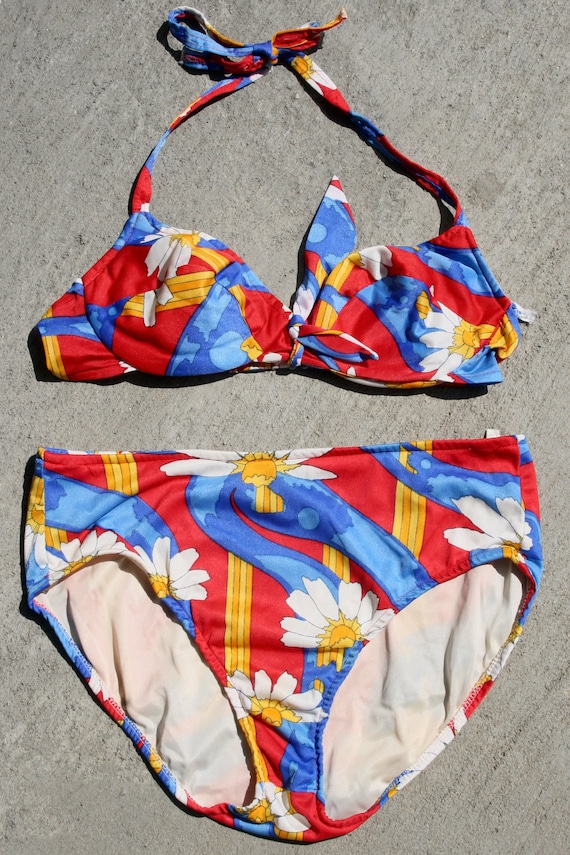 Red and blue daisy print vintage 1980's bikini.