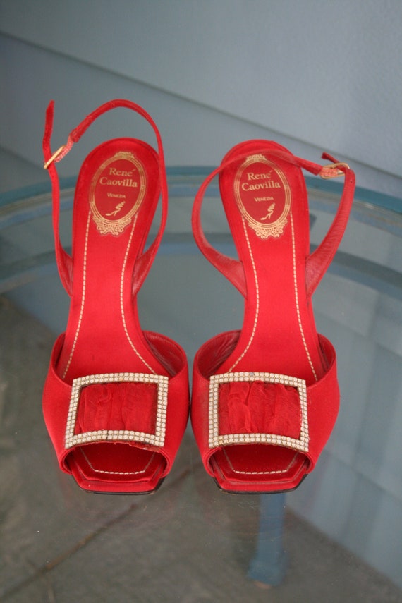 René Caovilla red grosgrain sling-backs with rhine
