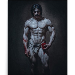 Può includere: Un uomo muscoloso con i baffi si erge su uno sfondo scuro e testurizzato. Tiene una mela rossa nella mano destra. Indossa un perizoma e ha del sangue sul braccio.