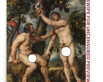 May include: A painting depicting two nude figures in a garden setting. The figures are standing near a tree with a snake wrapped around it. The painting is in a Renaissance style.