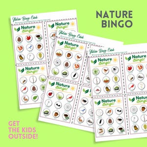 May include: A set of printable nature bingo cards with colorful illustrations of various nature items like a ladybug, a squirrel, a butterfly, a pine cone, a mushroom, and a spider. The cards are designed for kids to play a nature bingo game outdoors. The text on the cards reads "Nature Bingo!" and "Cut across marked dotted lines to create four bingo cards."