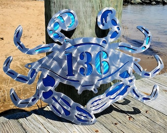 Blue Crab #1 Metal Art, Personalized (12&quot;) | Custom Metal Address Sign or Name Plaque | House Number or Family Name | Nautical Outdoor Sign