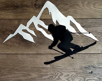 Layered Skier and Mountains Metal Art | Wall Hanger | Wall Art | Entryway | Living Room | Hallway | Custom | Cabin