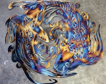 Arte en metal de peces koi (30 cm) / Arte mural en metal / Decoración zen para el hogar o el patio / Regalo para amantes de los estanques / Hecho a mano en EE. UU.