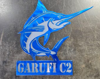 Blue Marlin Metal Art, Personalized (12") | Metal Wall Art | Fishing Decor for Cabin or Man Cave | Gift for Fishermen | Handmade in USA