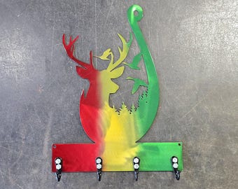 Hook and Buck Metal Art sleutel- en riemhanger (12") | Metalen wandrek voor hal of bijkeuken | Man Cave | Jachtliefhebber cadeau | Handgemaakt in de VS