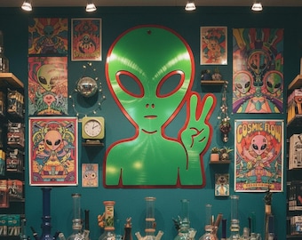 Alien "Peace" Metal Art | Metal Wall Art | Outer Space Decor for Bedroom or Game Room | Sci-Fi Gift | Handmade in USA