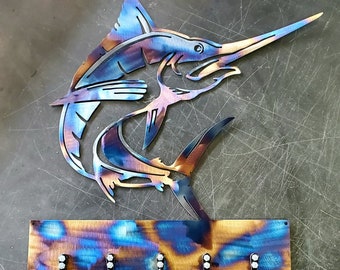 Custom Marlin Metal Art with Hooks | Wall Art | Home Decor | Key Hanger | Leash Hanger | Coat Hanger | Entryway