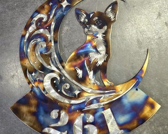 Chihuahua 'On The Moon' Metal Art, Personalized (with Backing, 12") | Dog Wall Art | Night Sky Decor | Gift for Dog Lovers | Handmade in USA
