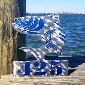 Striped Bass Metal Art, Personalized (12&quot;, 18&quot;) | Custom Metal Address Sign or Name Plaque | House Number or Family Name | Outdoor Sign