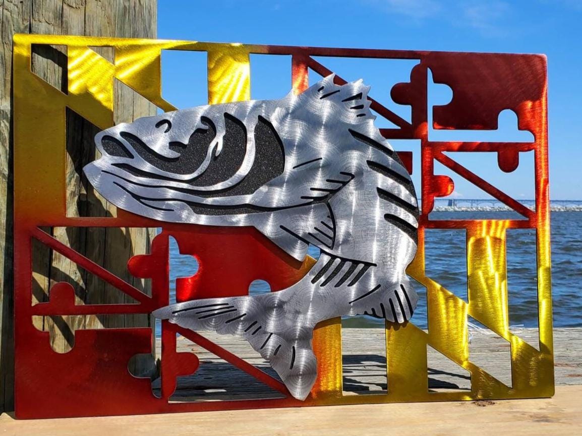 ストライプドバスとメリーランド州旗のメタルアート（18インチ