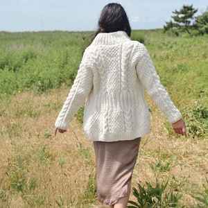 Self-Care Sweater/Women's Wool Heirloom Sweater Jacket with Pockets/Natural White Cardigan/Chunky Wool Cardigan/Not Itchy/Grandpa Cardigan image 4