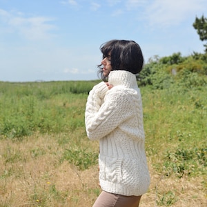 Self-Care Sweater/Women's Wool Heirloom Sweater Jacket with Pockets/Natural White Cardigan/Chunky Wool Cardigan/Not Itchy/Grandpa Cardigan image 2