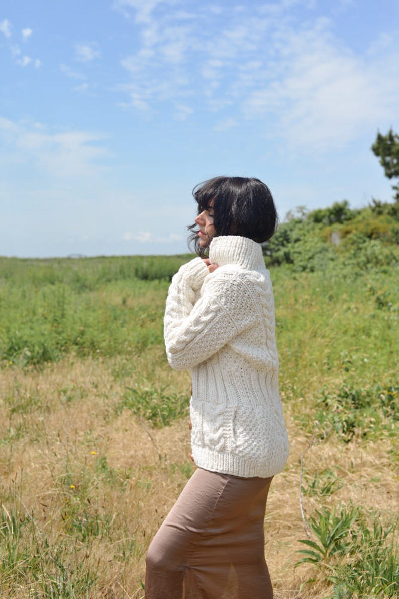Self-Care Sweater/Women's Wool Heirloom Sweater Jacket with Pockets/Natural White Cardigan/Chunky Wool Cardigan/Not Itchy/Grandpa Cardigan image 2