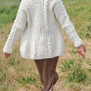 Self-Care Sweater/Women's Wool Heirloom Sweater Jacket with Pockets/Natural White Cardigan/Chunky Wool Cardigan/Not Itchy/Grandpa Cardigan image 3