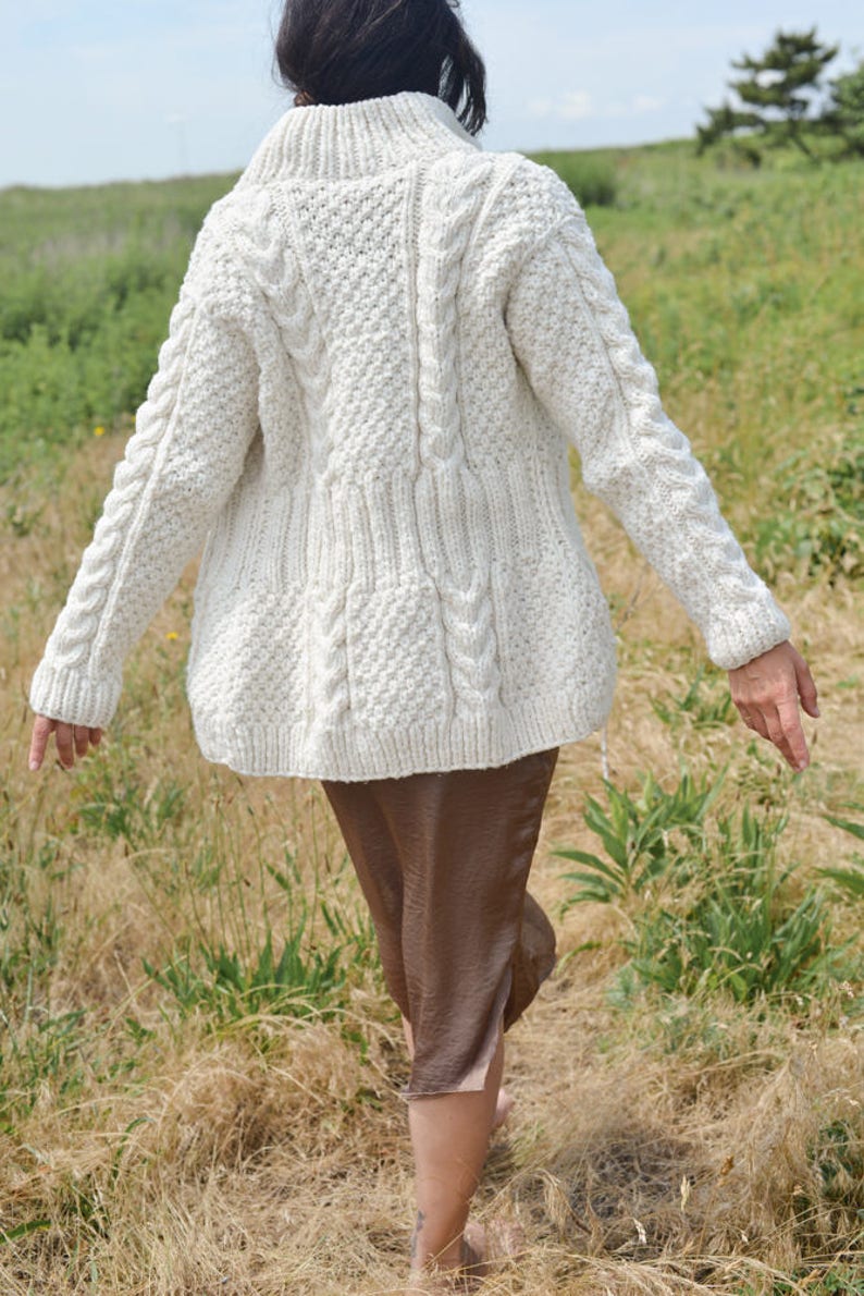 Self-Care Sweater/Women's Wool Heirloom Sweater Jacket with Pockets/Natural White Cardigan/Chunky Wool Cardigan/Not Itchy/Grandpa Cardigan image 3