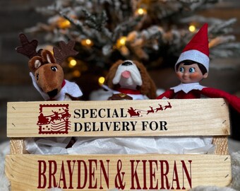 以下が含まれることがあります： 「Brayden & Kieran への特別な配達」と書かれた赤と白のラベルが付いた木製の箱。箱は白いティッシュペーパーで満たされ、ぬいぐるみトナカイ、ぬいぐるみ犬、クリスマスエルフ人形が入っています。