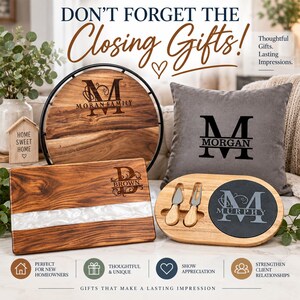 May include: A collection of personalized home items including a round wooden board with a black metal frame, a rectangular wooden board with a white resin inlay, a gray throw pillow, and an oval wooden serving tray with two cheese knives.