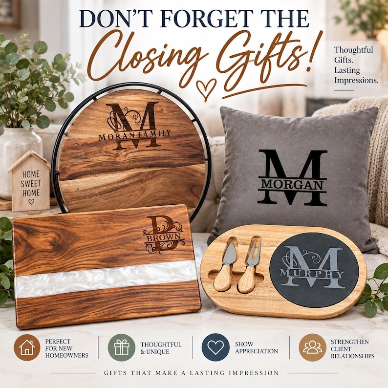 May include: A collection of personalized home items including a round wooden board with a black metal frame, a rectangular wooden board with a white resin inlay, a gray throw pillow, and an oval wooden serving tray with two cheese knives.