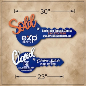 May include: Two blue key-shaped signs. The top sign is 30 inches wide, features orange text reading Sold by, the eXp Realty logo, and white text for Christelle Tonfack Zeutsa, 240.370.7530, and www.ChristelleSellsHomes.com. The bottom sign is 23 inches wide.