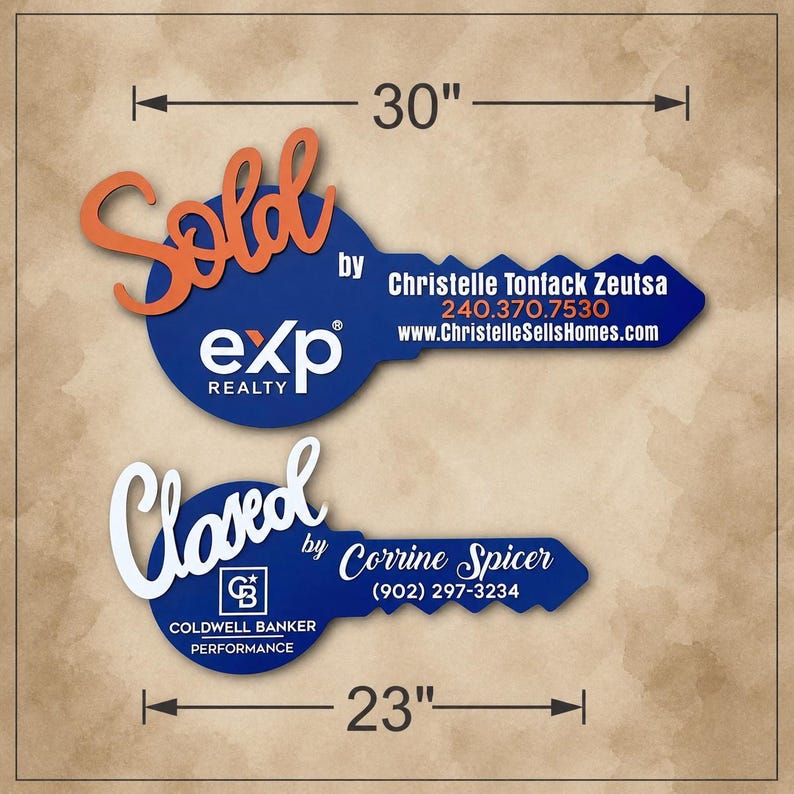 May include: Two blue key-shaped signs. The top sign is 30 inches wide, features orange text reading Sold by, the eXp Realty logo, and white text for Christelle Tonfack Zeutsa, 240.370.7530, and www.ChristelleSellsHomes.com. The bottom sign is 23 inches wide.