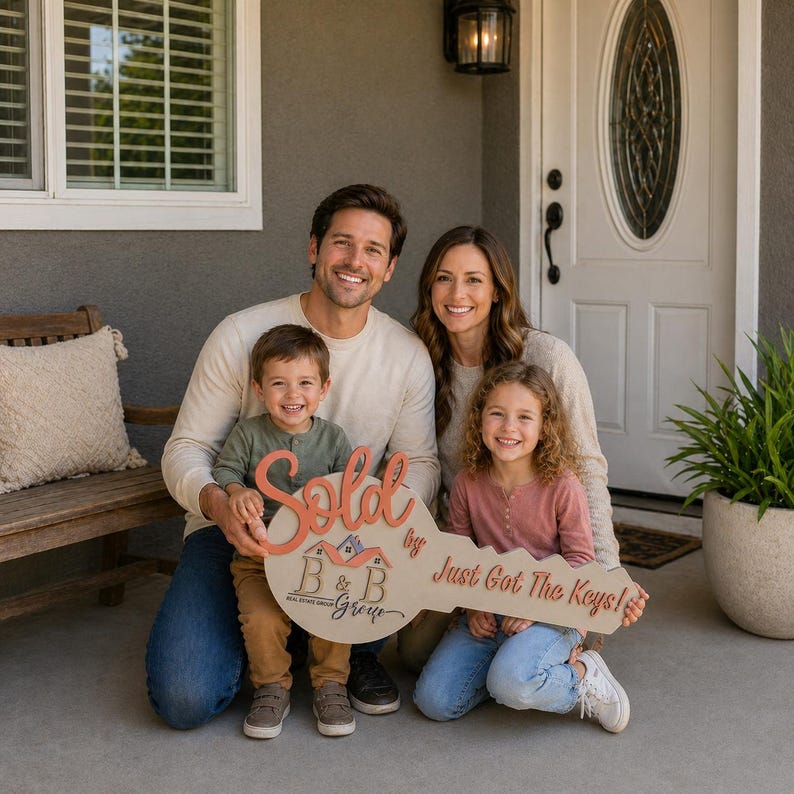 May include: A large, light-colored wooden key-shaped sign with the text Sold by B & B Group and Just Got The Keys! in orange and black lettering, featuring a small house graphic, held by a family of four in front of a residential home entrance.