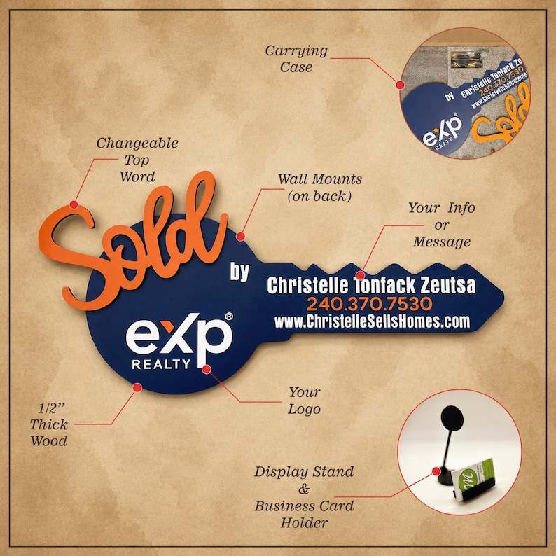 May include: A navy blue key-shaped sign with the orange word Sold, the eXp Realty logo, and the text Christelle Tonfack Zeutsa 240.370.7530 www.ChristelleSellsHomes.com. The sign is 1/2 inch thick wood and includes a carrying case and display stand.