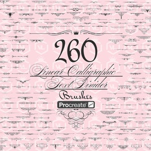 Puede incluir: Un fondo rosa con un patrón de coronas y el texto "260 Linear Calligraphic Text Divider Brushes Procreate". La imagen muestra 260 divisores de texto caligráficos lineales en varios diseños ornamentados.