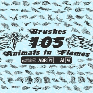 May include: A set of 105 black and white digital brushes featuring animals in flames. The brushes are usable in Procreate, ABR, Photoshop, AI, and Illustrator. The image shows a variety of animals, including a horse, a lion, a bird, and a fish.