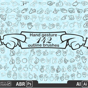 May include: A set of 142 hand gesture outline brushes for use in Procreate, Photoshop, and Illustrator. The brushes are black and white and are displayed on a light blue background.