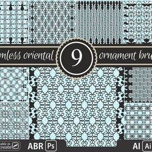 Puede incluir: Nueve pinceles de ornamentos orientales sin costuras en blanco y negro sobre un fondo azul claro. El texto "Seamless oriental ornament brushes" está en la parte superior de la imagen. El texto "usable in Procreate" está en la parte inferior de la imagen. El texto "ABR Ps Al Ai" también está en la parte inferior de la imagen.
