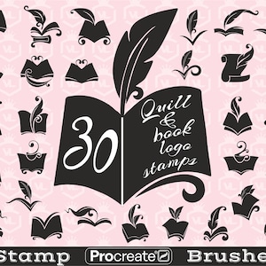 May include: A set of 30 black and white Procreate brushes featuring quill and book logo stamps. The brushes are designed for use with the Procreate app on iPad.