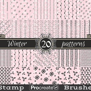 May include: A set of 20 winter patterns in black and white on a pale pink backdrop. The designs feature geometric shapes, lines, and winter motifs. The words "Winter patterns" are displayed centrally, with "Stamp Procreate Brushes" at the base.