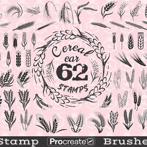 Peut inclure: Un ensemble de 62 brosses de tampon Procreate en noir et blanc représentant différents motifs d'épis de blé et de céréales. Les brosses sont parfaites pour créer des illustrations et des arts numériques.