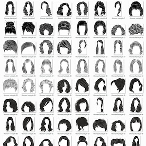 May include: A black and white image showing 64 different women's hairstyles. Each hairstyle is numbered and labeled with the text "Women hairstyle-" followed by a number.