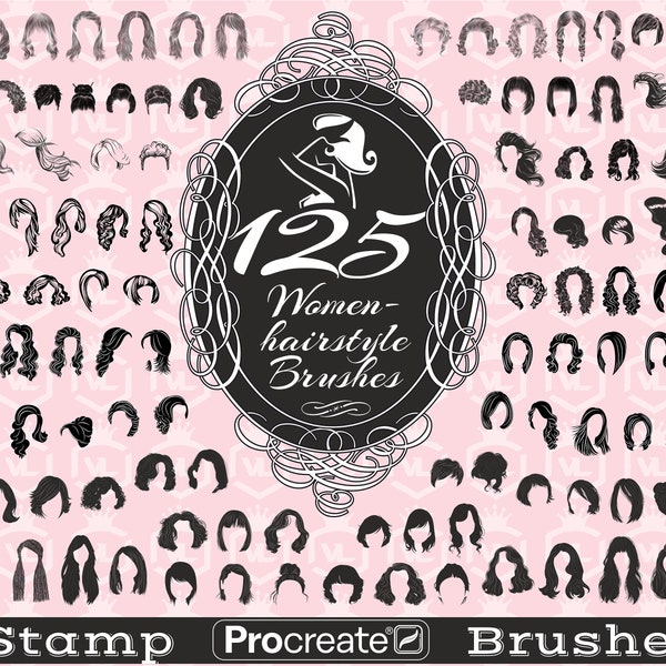 125 Women Hairstyle Procreate Stamp Brushes, Female Hair Procreate Stamps, Fashion Hairstyle brushset for iPad, Fashion Wig stamps set