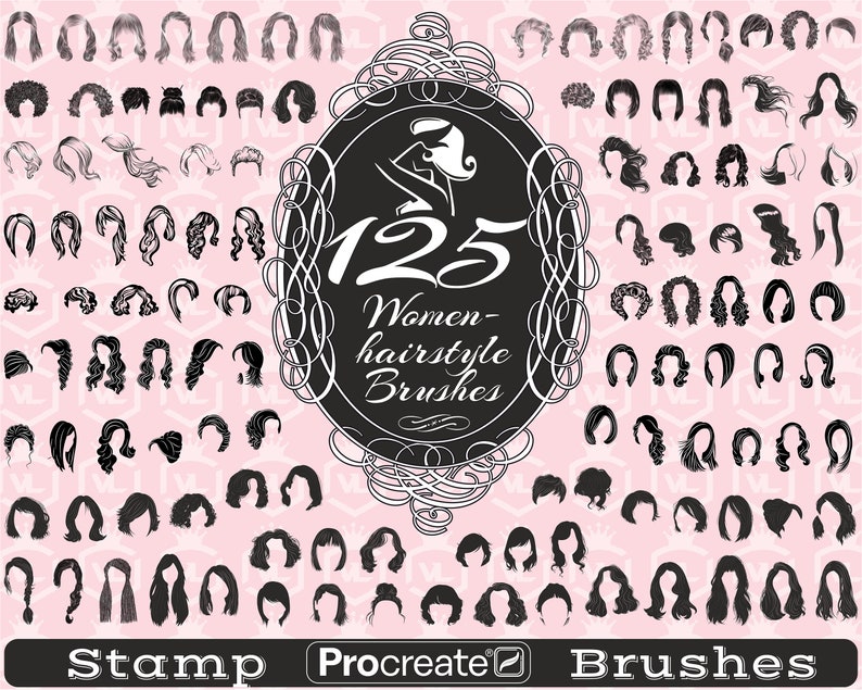 May include: A set of 125 black and white silhouette stamp brushes for Procreate featuring different women's hairstyles. The brushes are arranged in a grid pattern on a pink background with a decorative black and white frame.