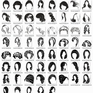 May include: A chart with 125 black and white illustrations of different women's hairstyles. Each hairstyle is numbered and labeled with the text "Women hairstyle-" followed by a number.