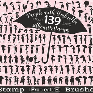 傘を持った人々の Procreate スタンプ ブラシ、女性と男性のシルエットの Procreate スタンプ、iPad 用傘の下の女の子のブラシセット、スタンプ セット