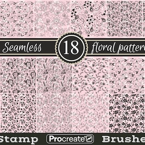 Può includere: Un set di 18 motivi floreali senza cuciture in bianco e nero su uno sfondo rosa. I motivi sono etichettati "Seamless 18 floral patterns" e "Stamp Procreate Brushes".