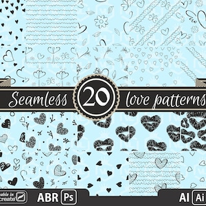 Seamless heart pattern brushes for Photoshop ( usable in Procreate 5 ) and Illustrator CC, Valentine Day, Kissing lips pattern, Ps & AI, ABR