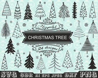 Paquete de árboles de Navidad SVG y PNG, silueta de árbol de Navidad, árbol dibujado a mano, diseño navideño, fondo transparente, archivo de corte Cricut
