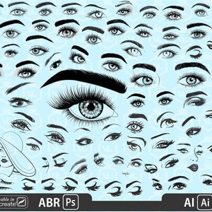Könnte beinhalten: Eine Sammlung von 60 Schwarzweißillustrationen von Augen, Augenbrauen und Lippen. Die Illustrationen sind in verschiedenen Stilen gehalten, darunter realistisch, cartoonartig und stilisiert. Die Illustrationen eignen sich perfekt für die Verwendung in digitaler Kunst, Scrapbooking und anderen kreativen Projekten. Der Text "usable in Procreate, ABR, Ps, Ai" befindet sich am unteren Rand des Bildes.