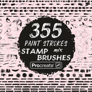 Könnte beinhalten: Ein Schwarzweißbild von 355 Pinselstrichen und Stempeln für Procreate. Das Bild zeigt eine Vielzahl von Pinselstrichen, darunter Linien, Punkte und Spritzer. Der Text "355 Paint Strokes Stamp Mix Brushes" ist in Weiß auf einem schwarzen Kreis geschrieben.